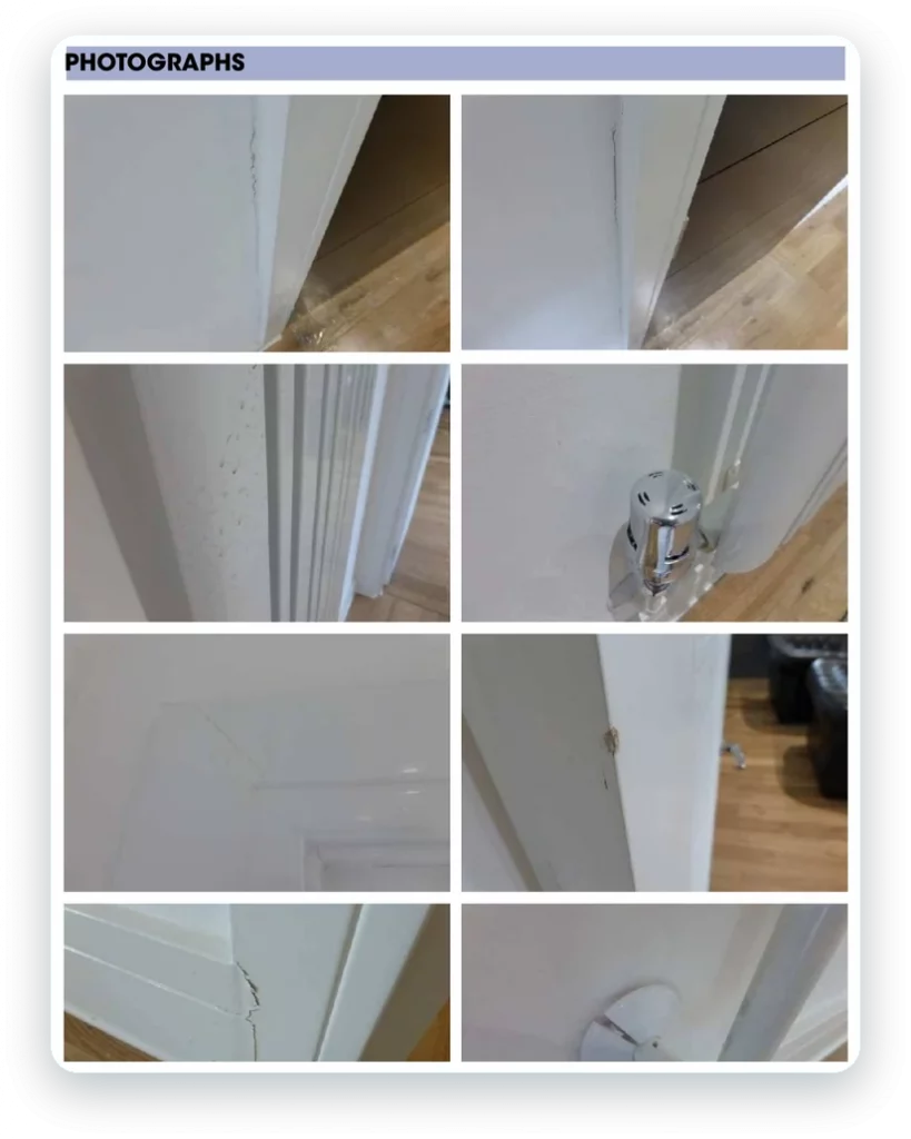 Example photographs of visible defects recorded during a snagging inspection
