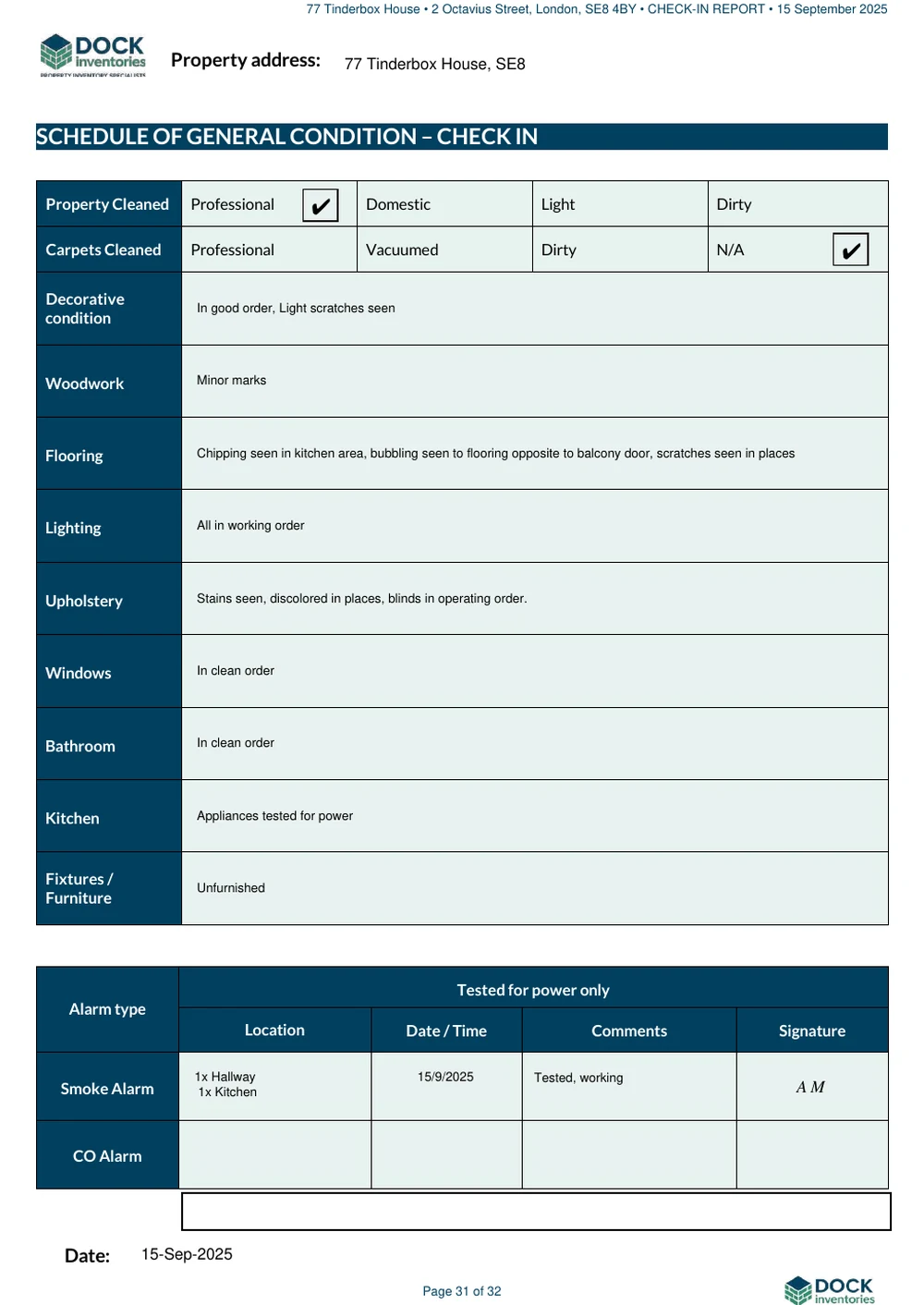 Example general condition and alarm page from a Dock Inventories report