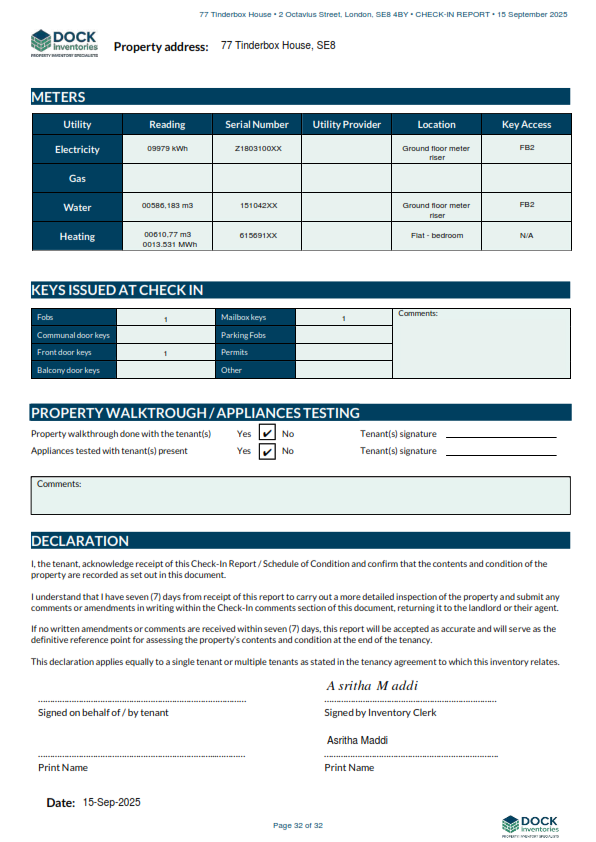 Example meters and keys page from a Dock Inventories property report