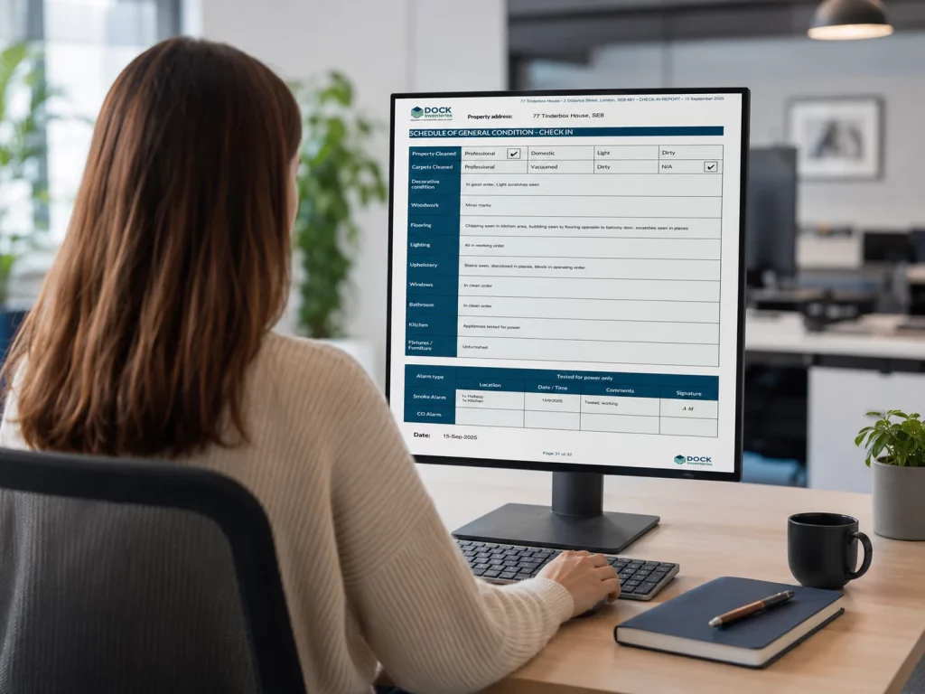 Dock Inventories manager reviewing a property inspection report on a computer
