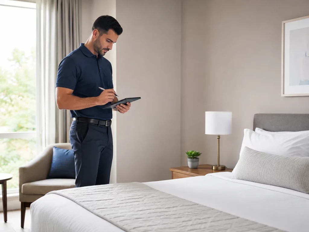 Inventory clerk recording the condition of a bedroom during a mid-term property inspection