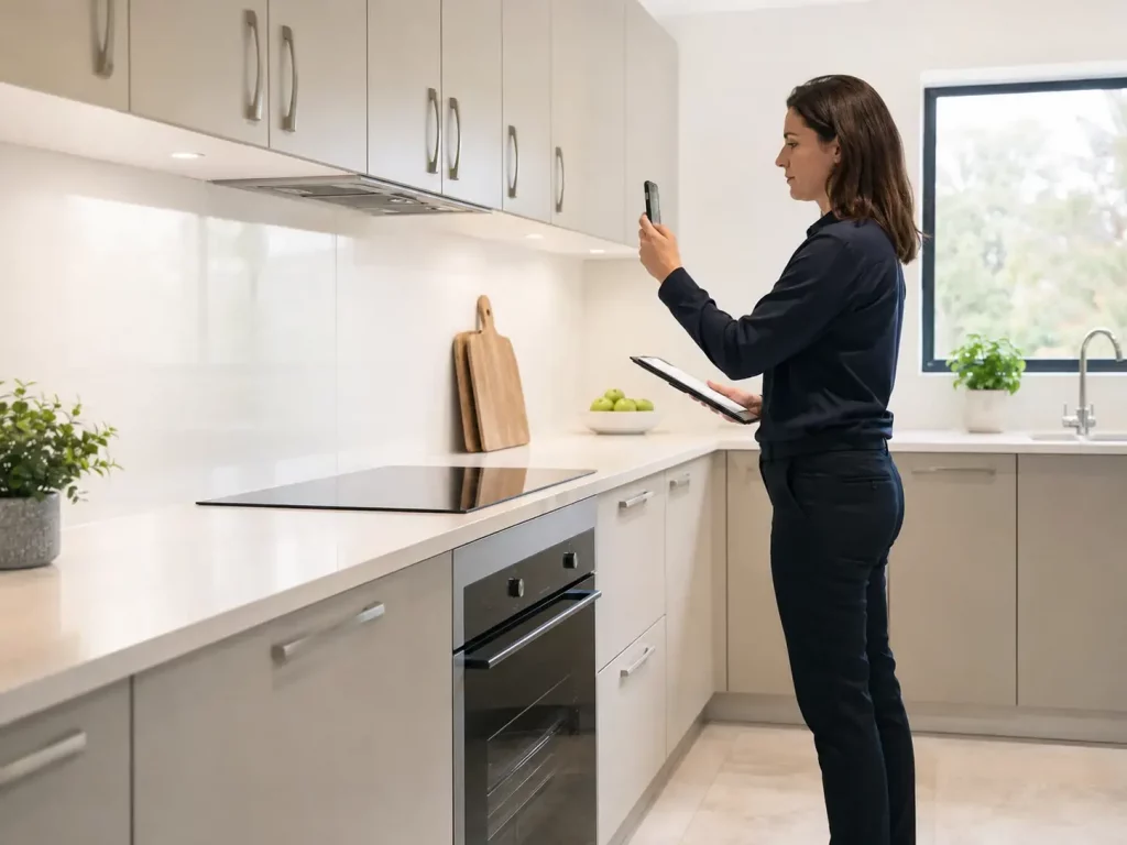 Inventory clerk photographing kitchen fixtures during an inventory and check-in inspection