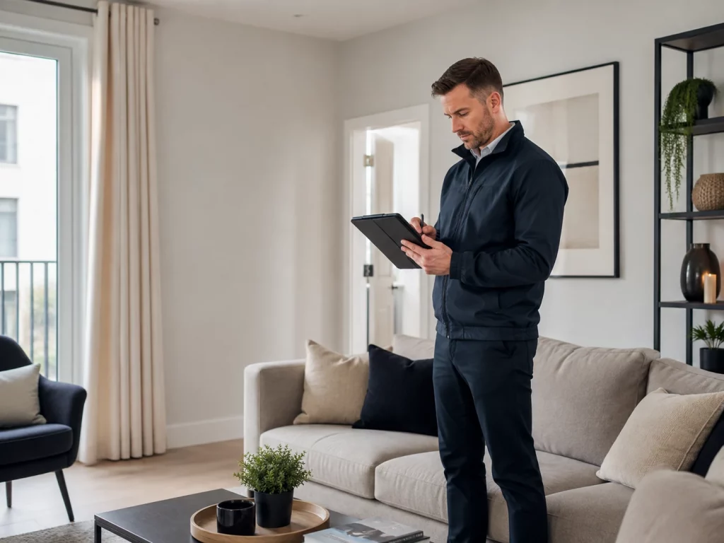 Inventory clerk recording the condition of a living room for a property inspection report
