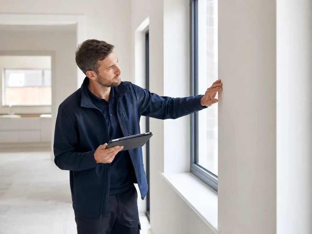 Inventory clerk checking a window frame during a new-build snagging inspection
